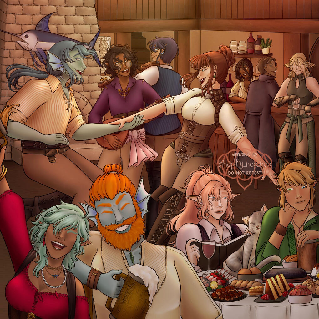 A lively tavern scene with a large crew, all enjoying themselves in various ways.